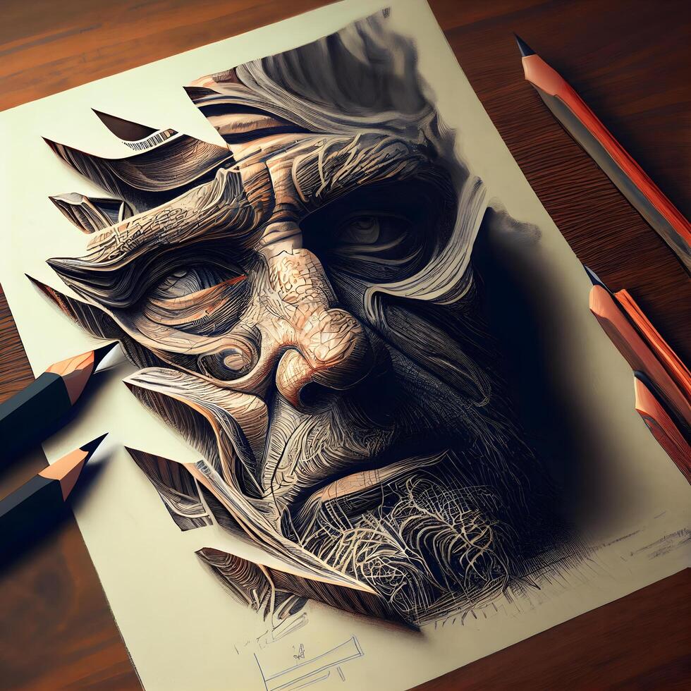 3d illustration of a man made of wood with pencils., Image photo