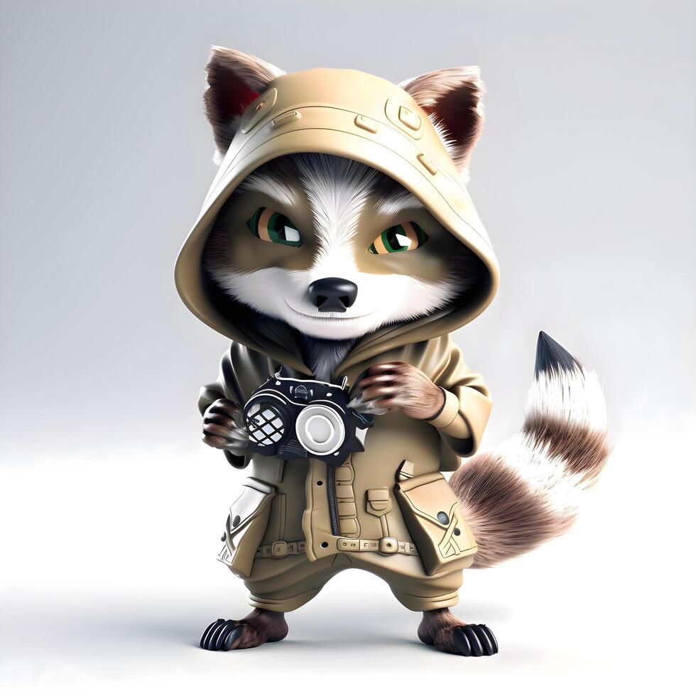 Cute cartoon fox in military uniform and helmet with a camera., Image photo