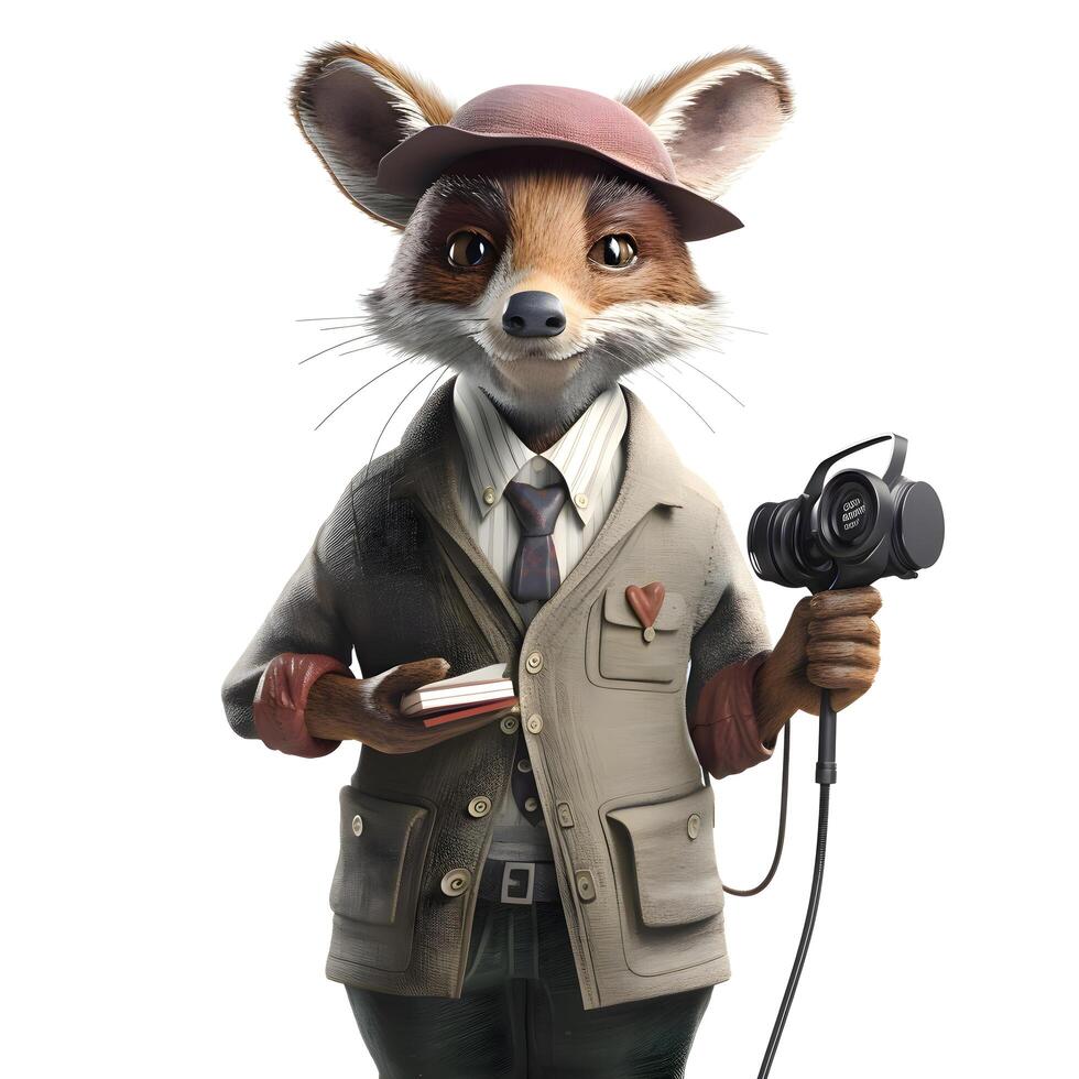 Funny fox in a jacket and a cap with a camera., Image photo