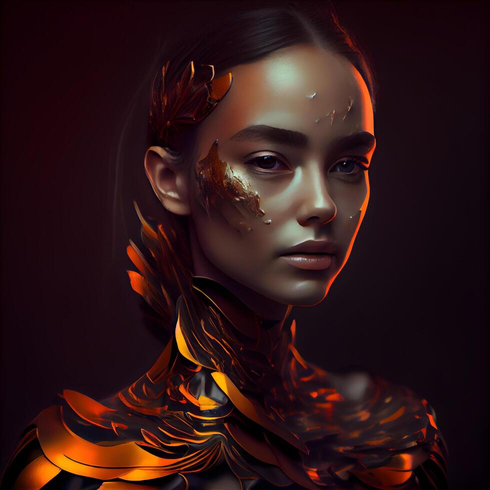 3d rendering of a female robot with orange and black skin., Image photo