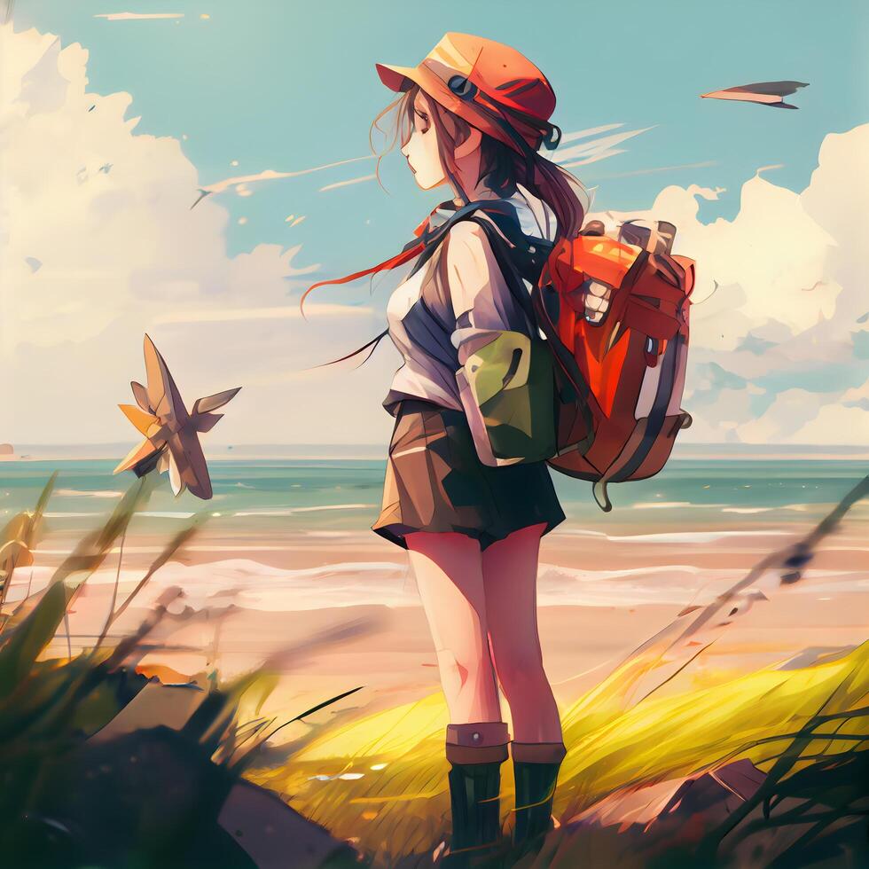 A girl in a hat with a backpack on the background of the sea., Image photo