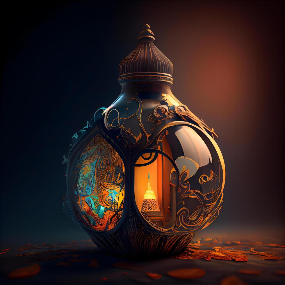 Ramadan Kareem greeting card. 3D illustration of a Ramadan Kareem lantern with a burning candle inside., Image photo