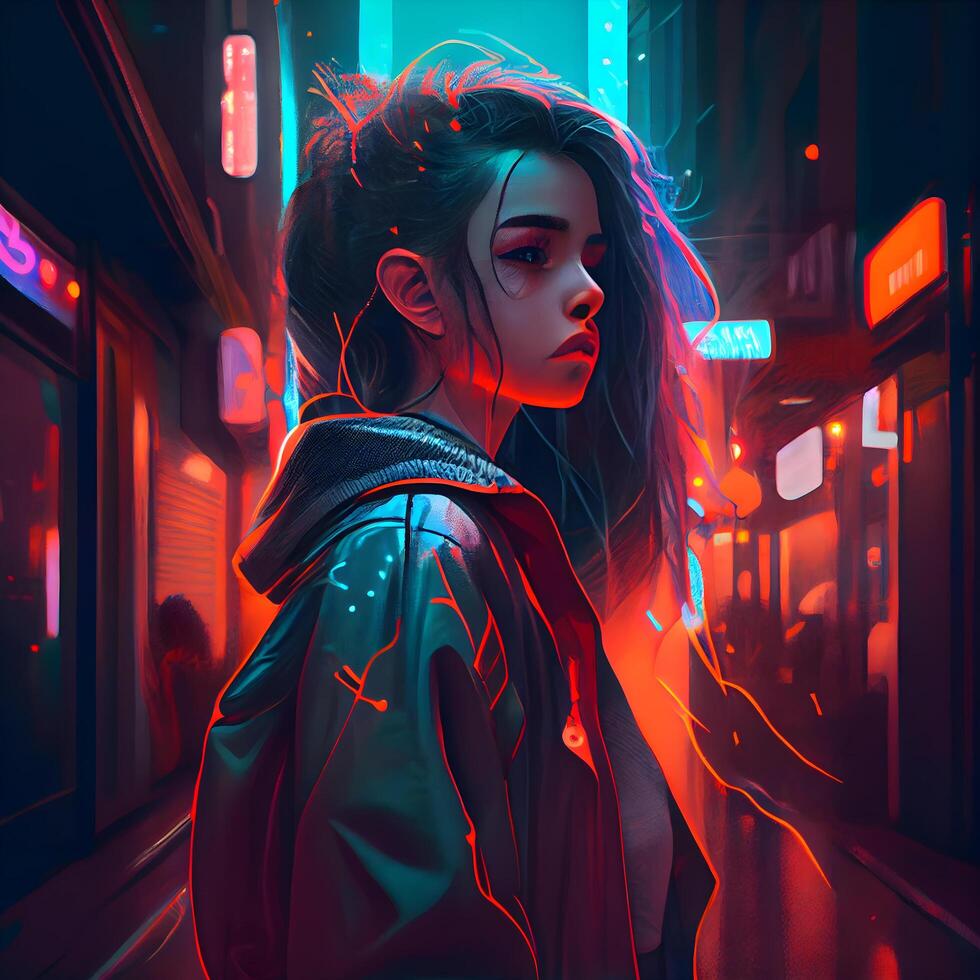 Futuristic portrait of a beautiful young girl in neon light., Image photo