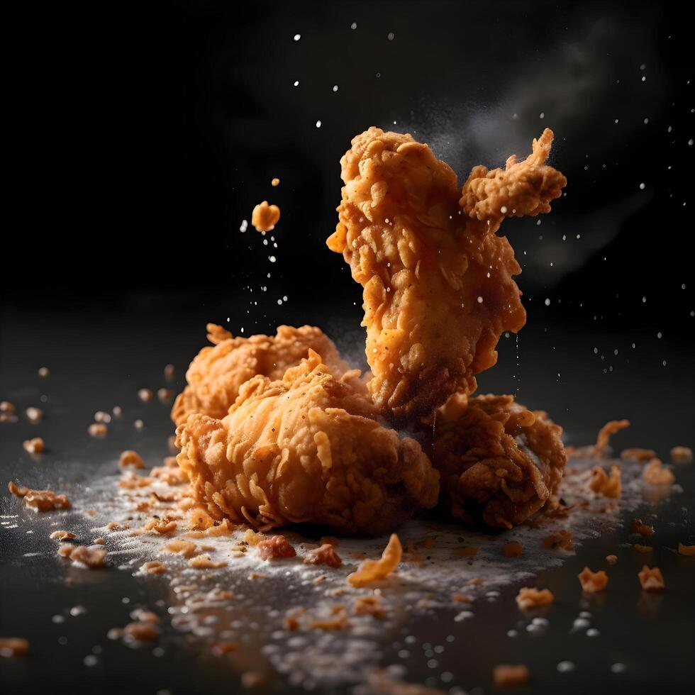 Fried chicken on a black background with splashes of water., Image photo