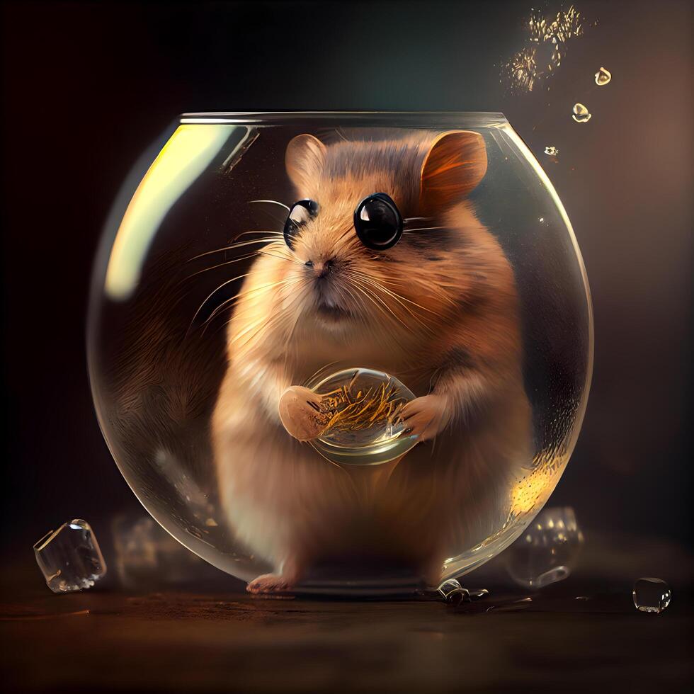 Hamster in a glass bowl with a gold coin on a dark background, Image photo