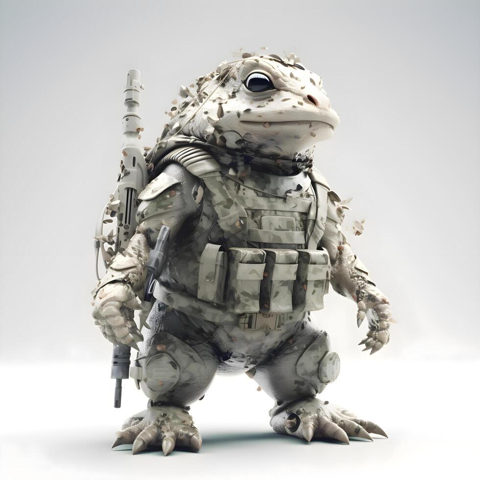 3d rendering of a little toad in a military uniform., Image photo