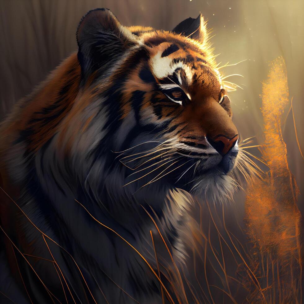 Siberian Tiger in the grass at sunset,3d render, Image photo