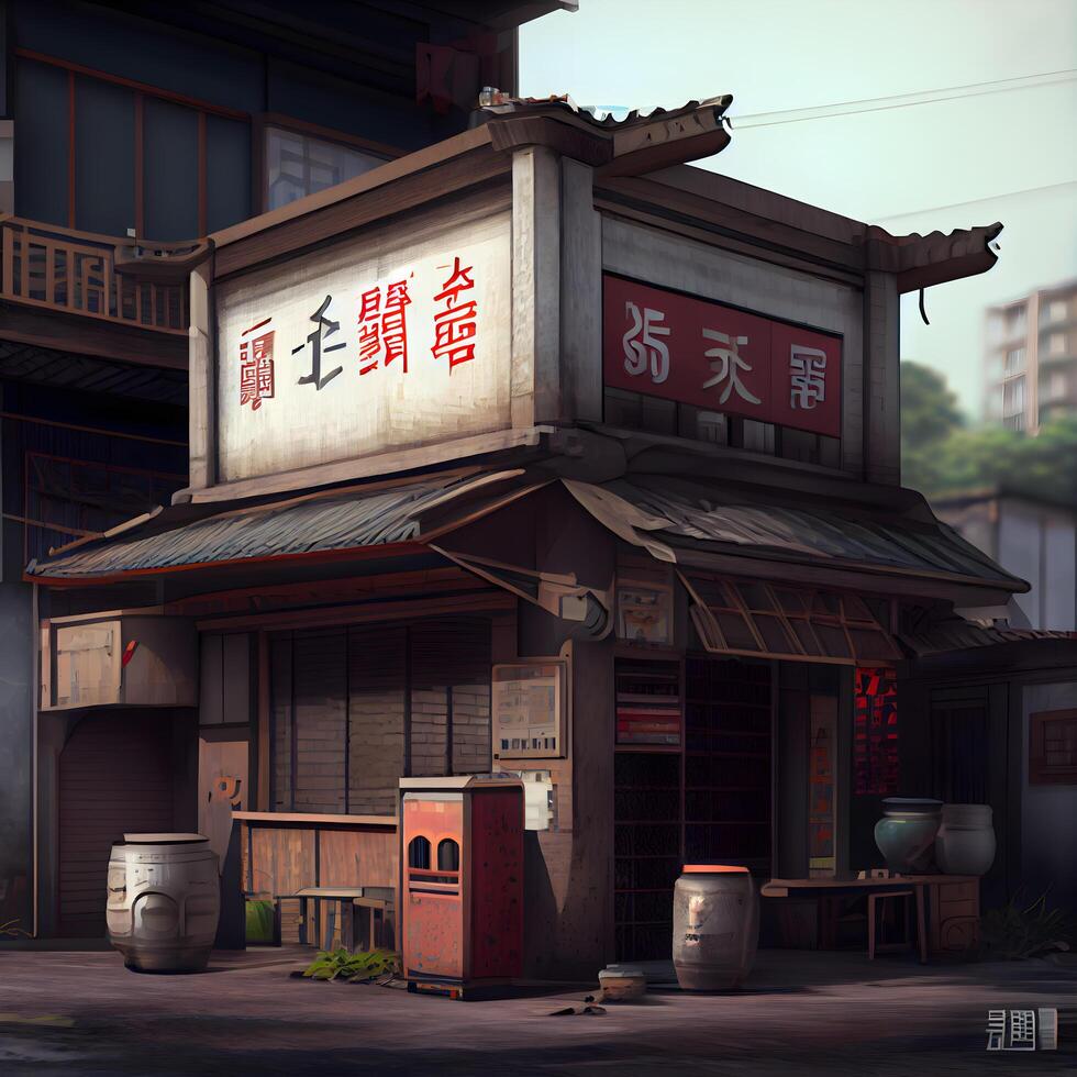 Illustration of a Chinese restaurant in a small town in China., Image photo