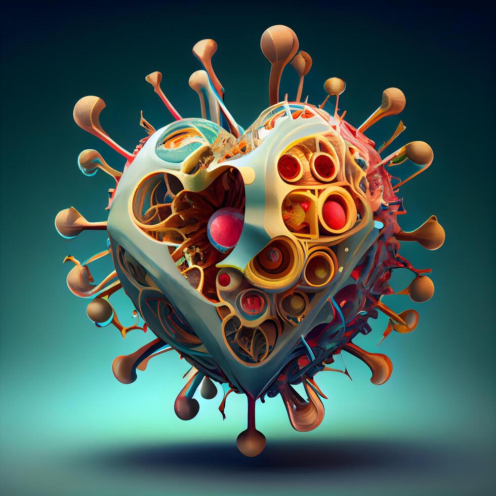 3d illustration of heart with blood cells on blue background. Concept of health care., Image photo