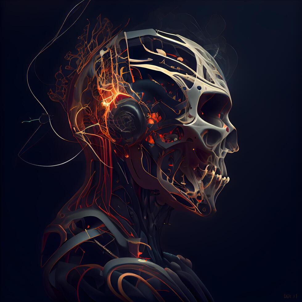 Digital illustration of human skull in colour background with glowing particles., Image photo