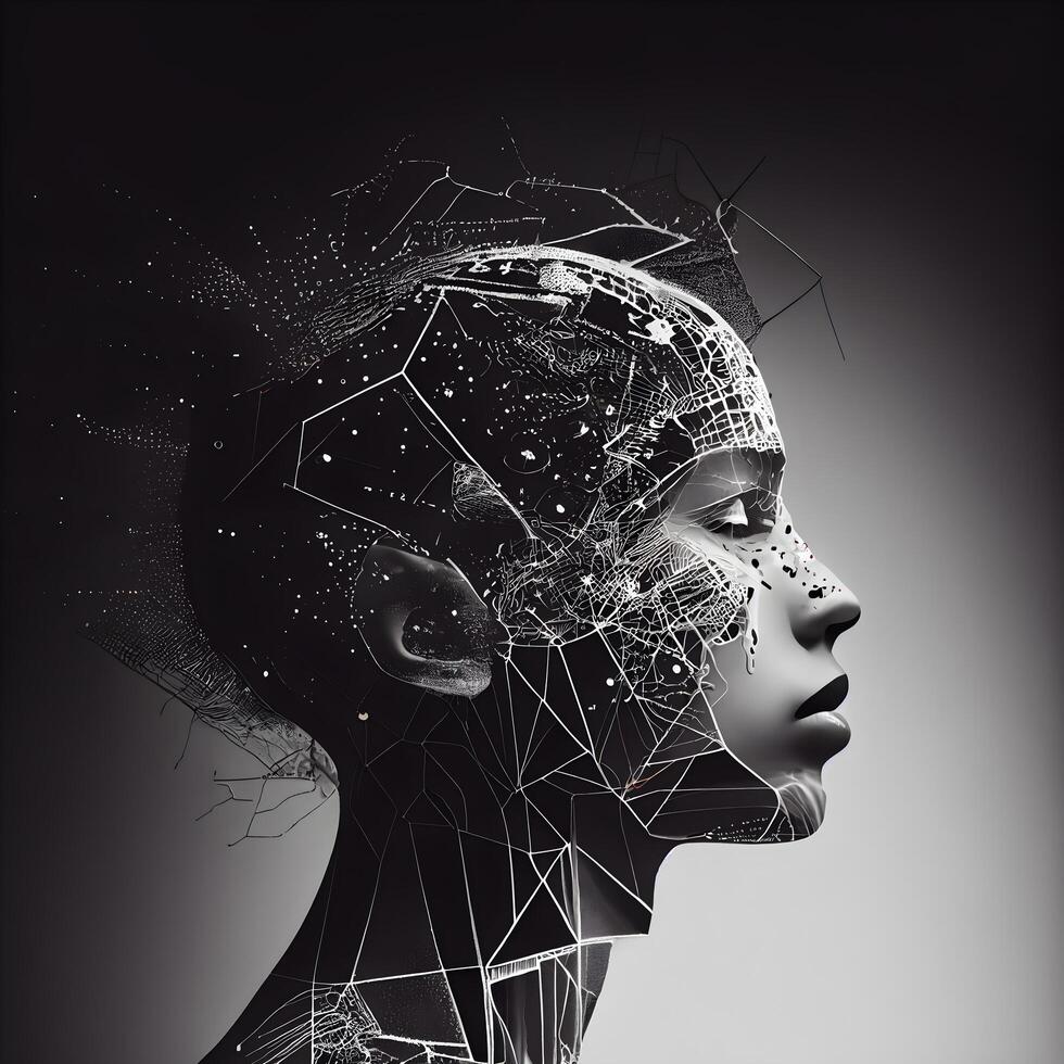 3d rendering of a female head made of black wireframe., Image photo