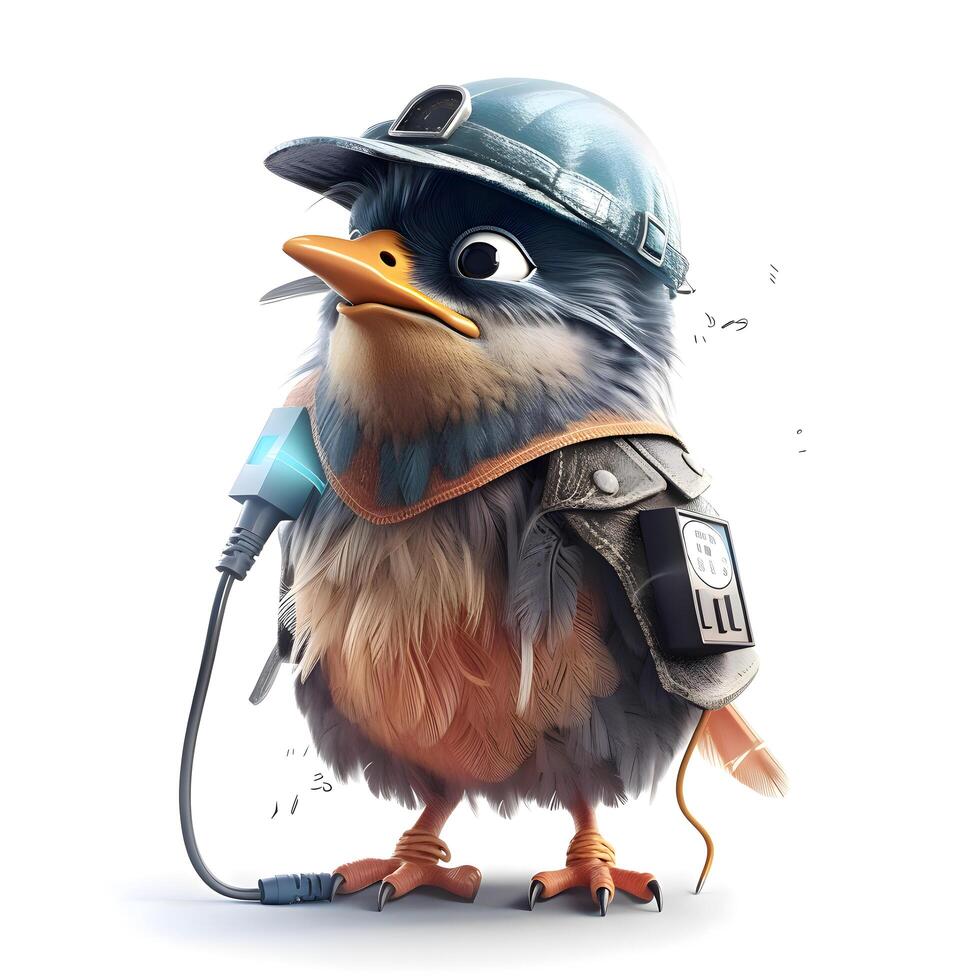 Cute cartoon penguin in a helmet with an electric cable., Image photo