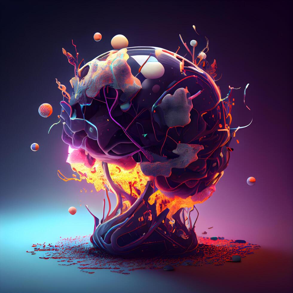 3D Illustration of a Brain with Fire and Spheres., Image photo