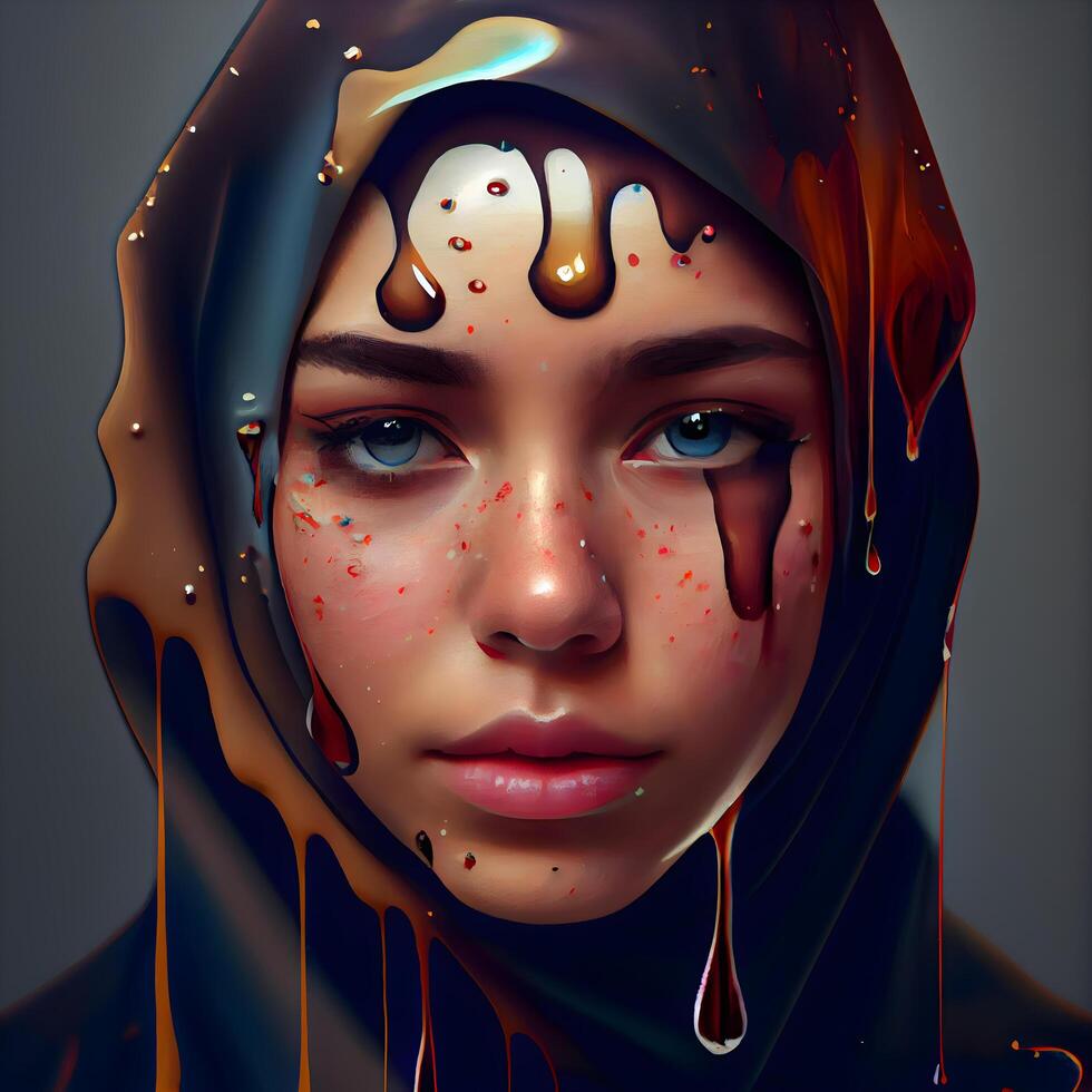 Close-up portrait of a beautiful young woman covered with chocolate dripping., Image photo