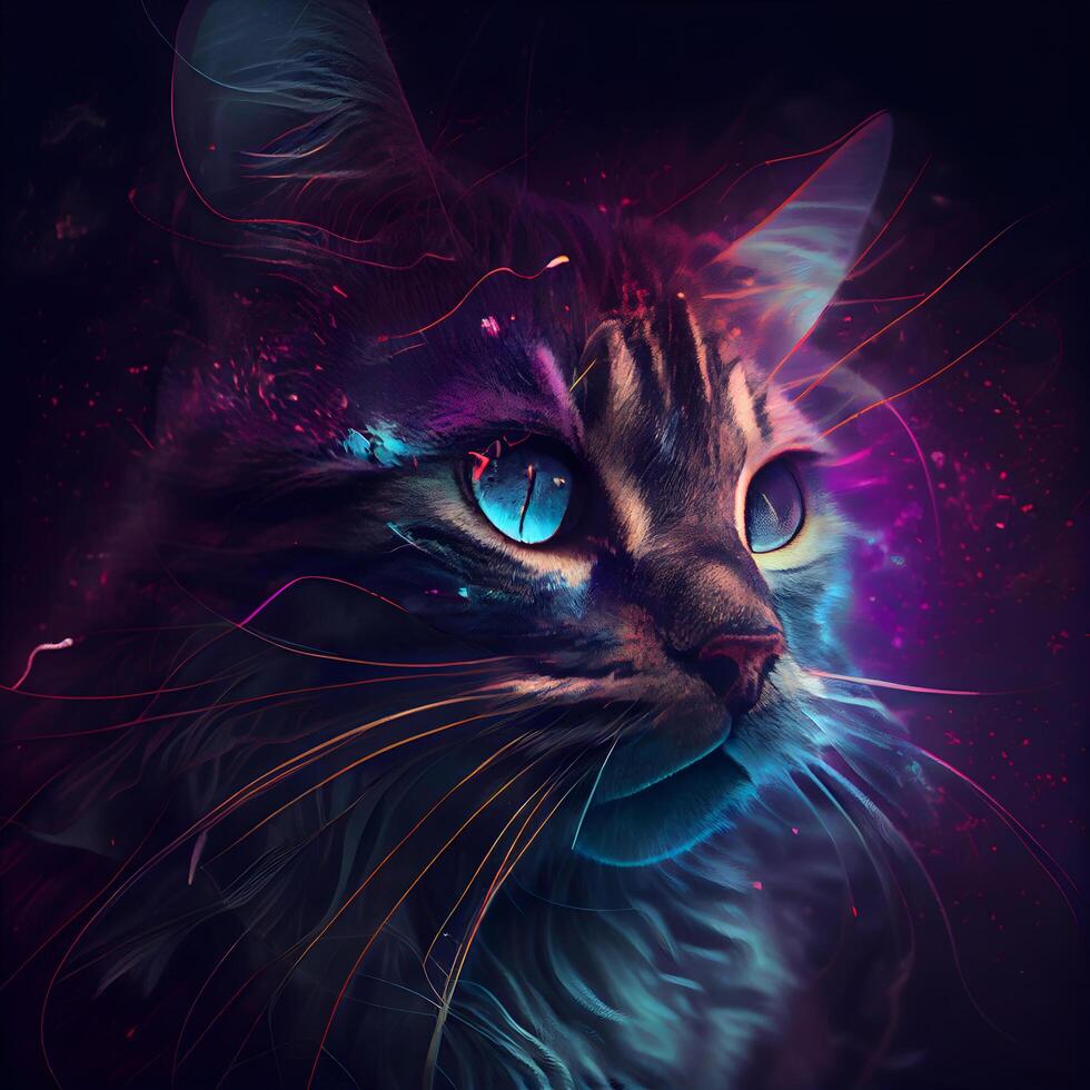 Fantasy portrait of a cat with blue eyes in neon light., Image photo