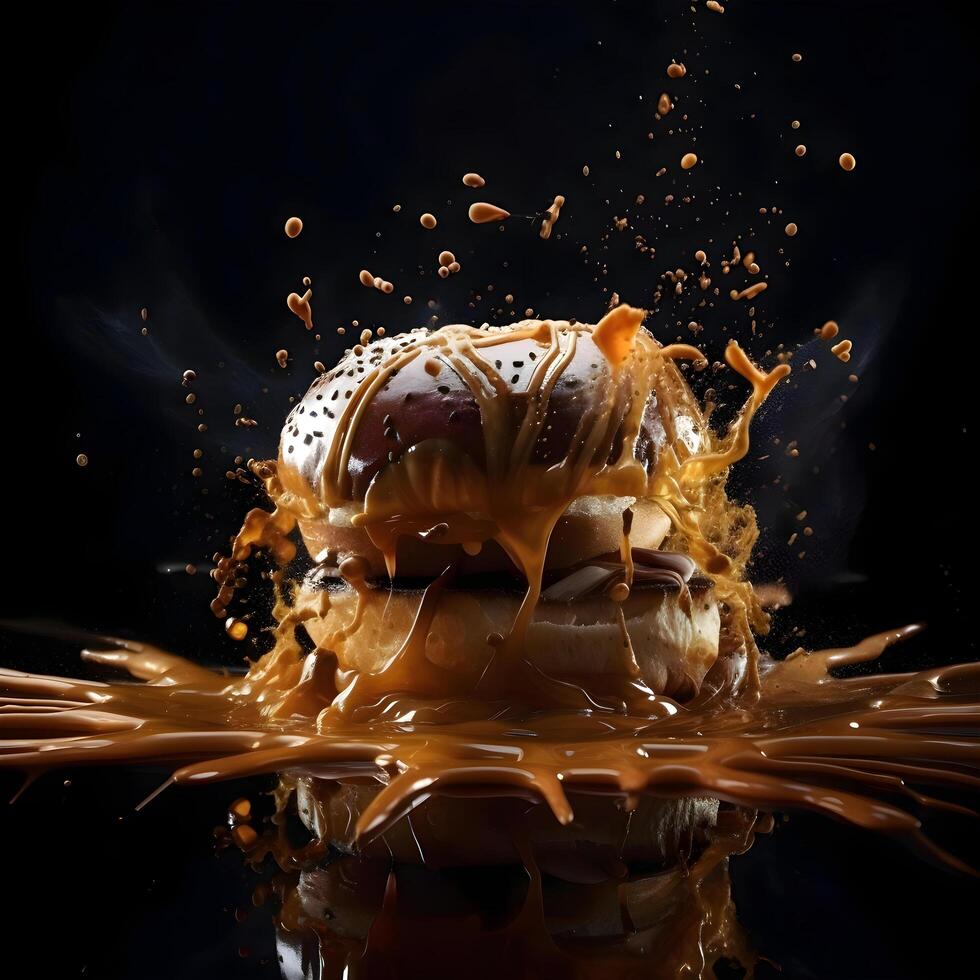 Splash of caramel on a black background. Splash of caramel., Image photo