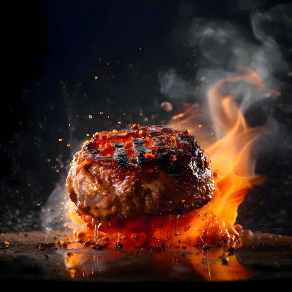 Burger with flying ingredients on a black background. The concept of fast food., Image photo