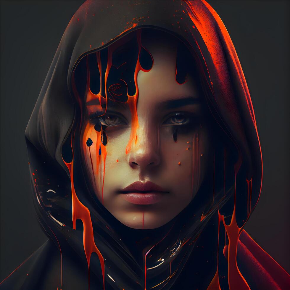 Portrait of a beautiful young woman with red blood on her face., Ai