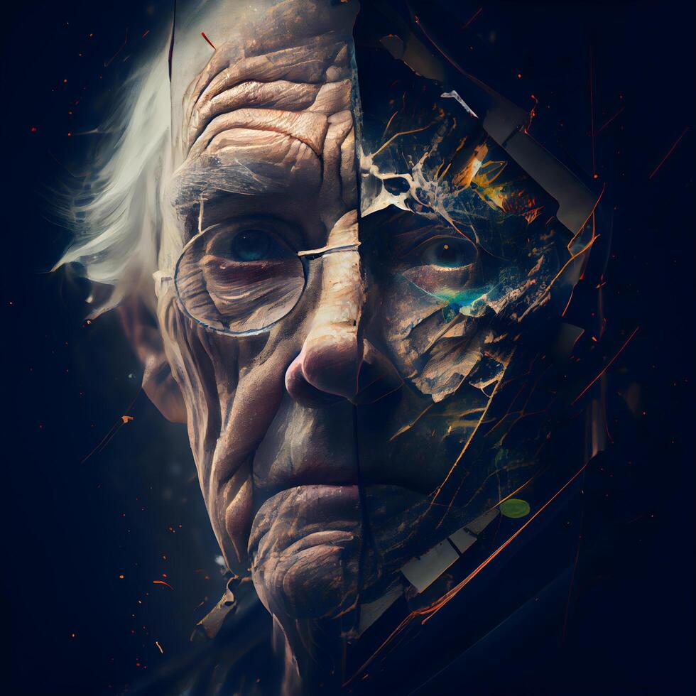 Portrait of an old man with cracked skin. Collage., Image photo