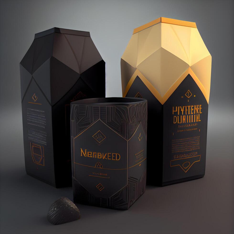 Set of black and golden packaging for whiskey, cognac or brandy. 3d render, Image photo