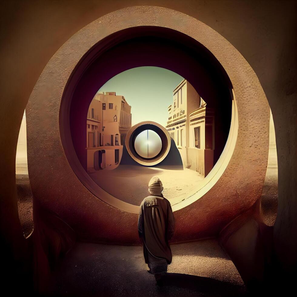 Man looking through a hole in the sand. 3d rendering., Image photo