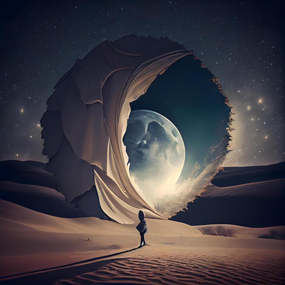 Surrealism. Man in the desert at night with full moon, Image photo