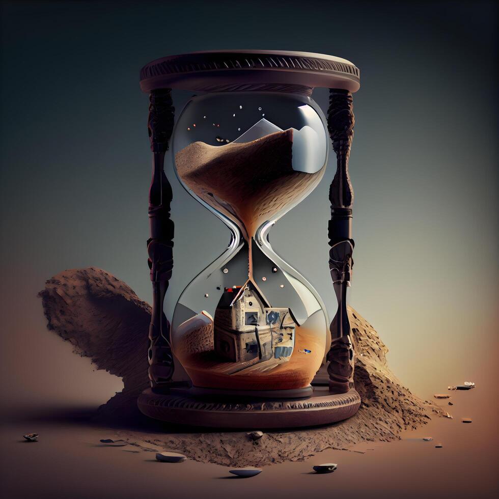 Time is running out concept. Hourglass with house on sand., Image photo