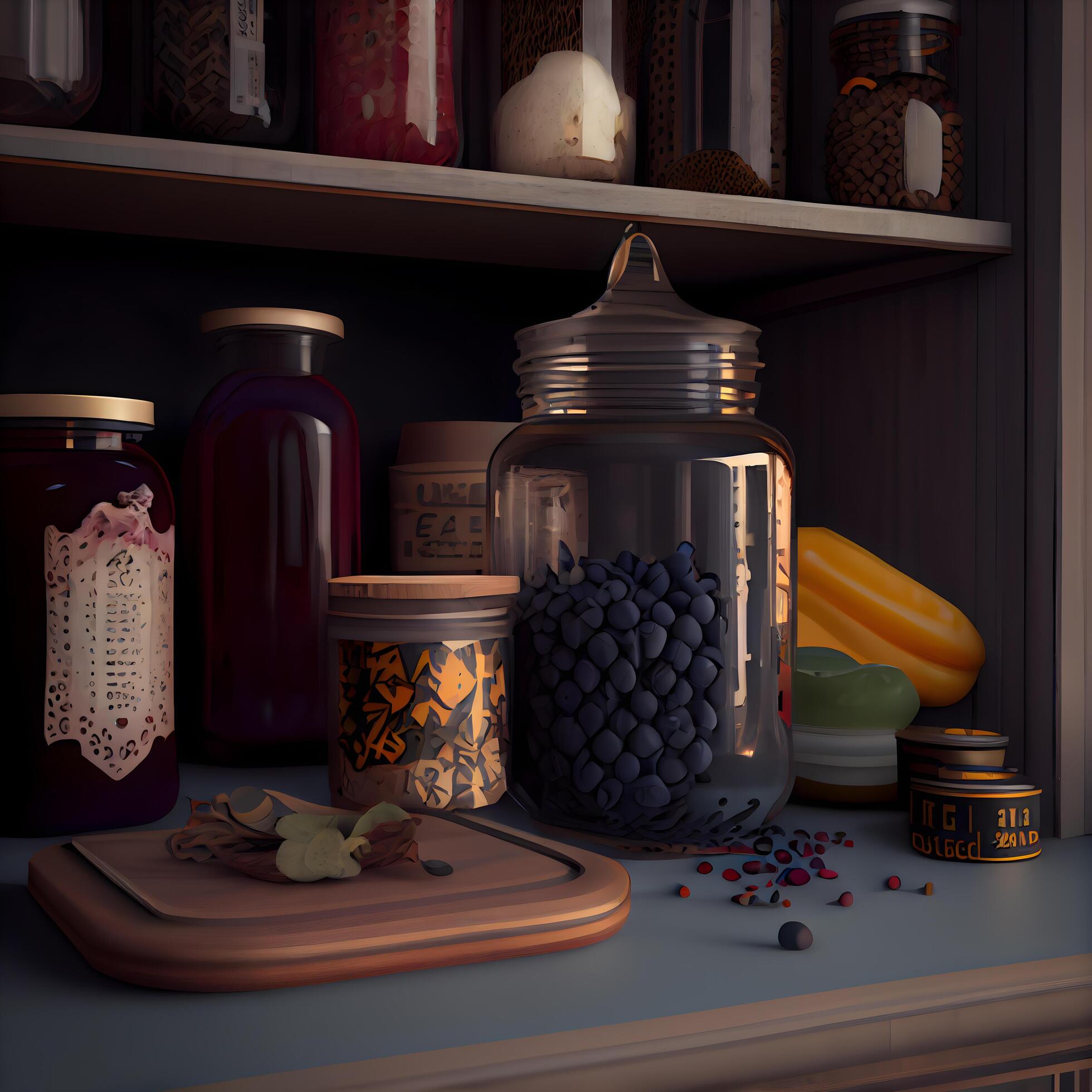 3d rendering of a kitchen cabinet full of food and spices., Ai ...