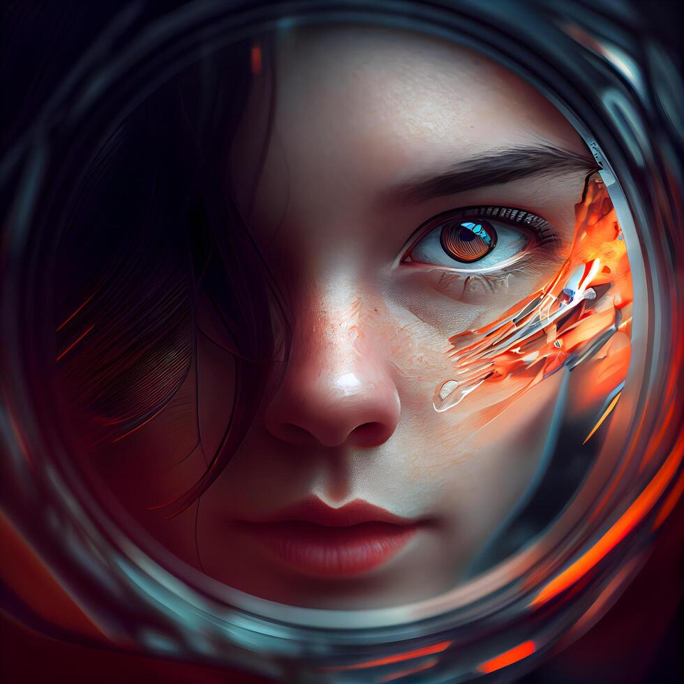 3d illustration of a beautiful woman in a futuristic space mask., Image photo