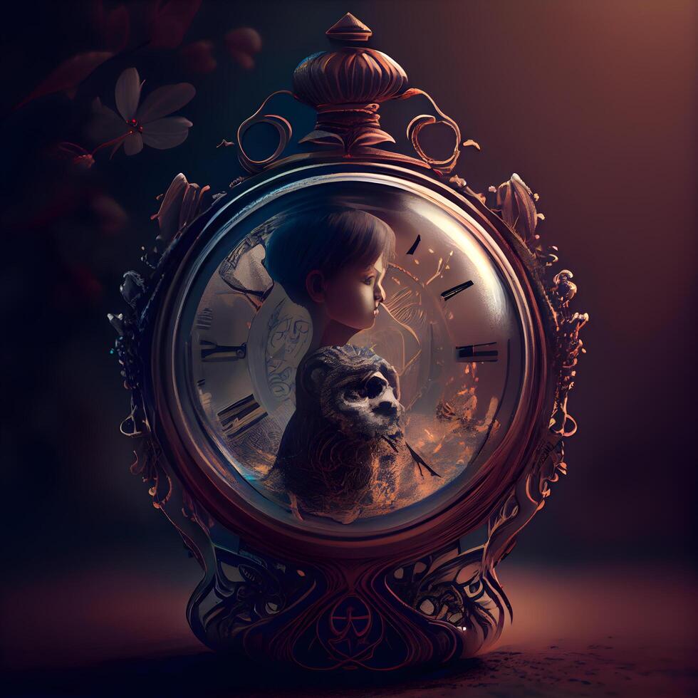 Little girl with a skull on the background of an old clock., Image photo