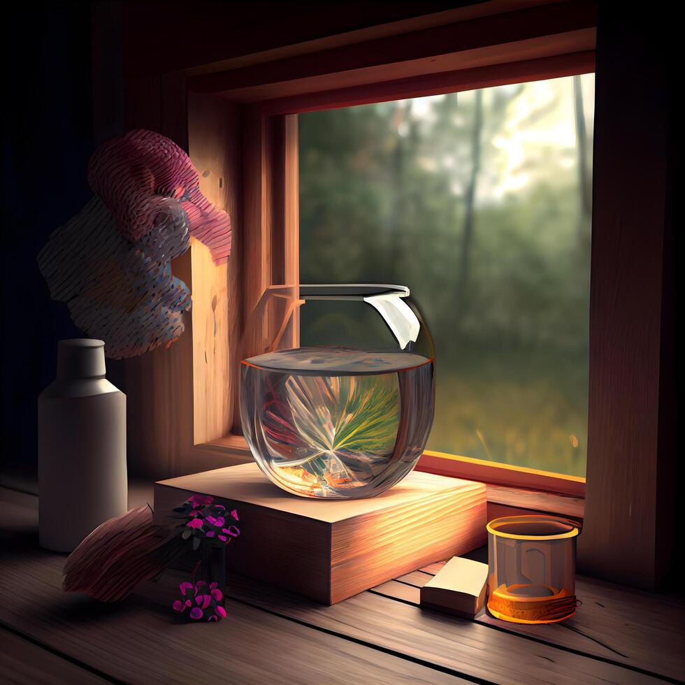 A glass vase with a flower stands on a window sill. Nearby is a burning candle., Image photo