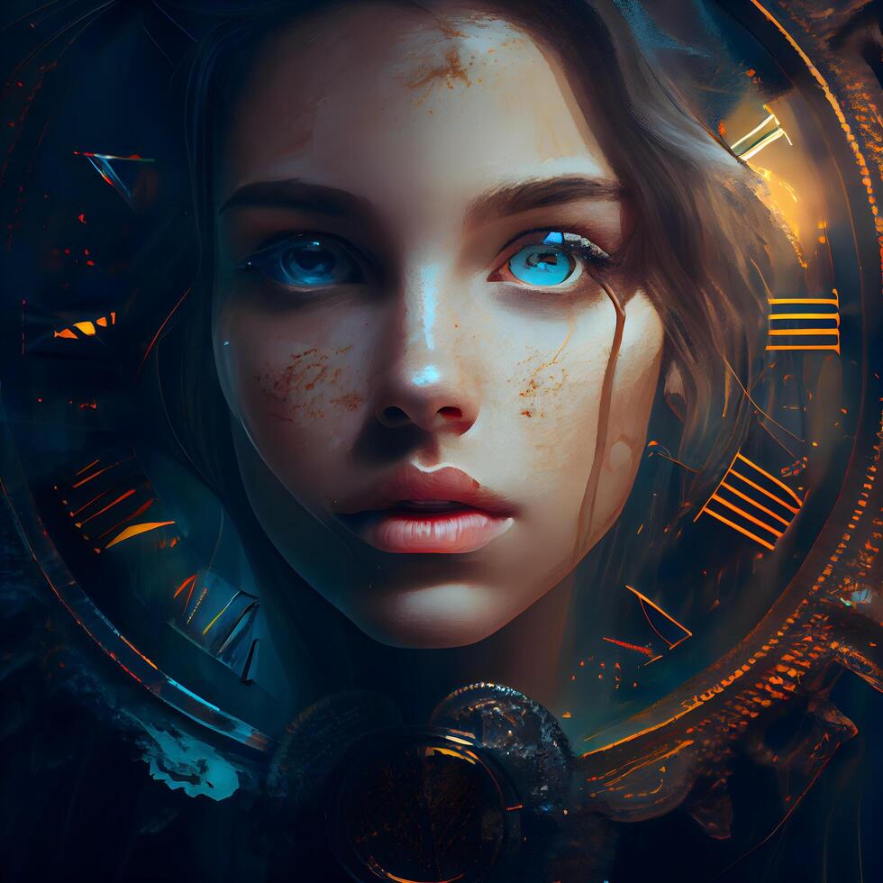 Portrait of a beautiful girl in the image of an old clock., Image photo