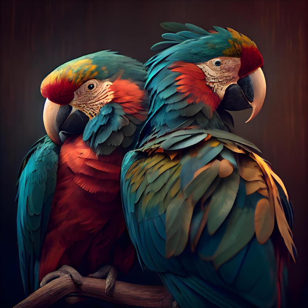 hermosa guacamayo loros en de madera antecedentes. cerca arriba., ai generativo imagen foto