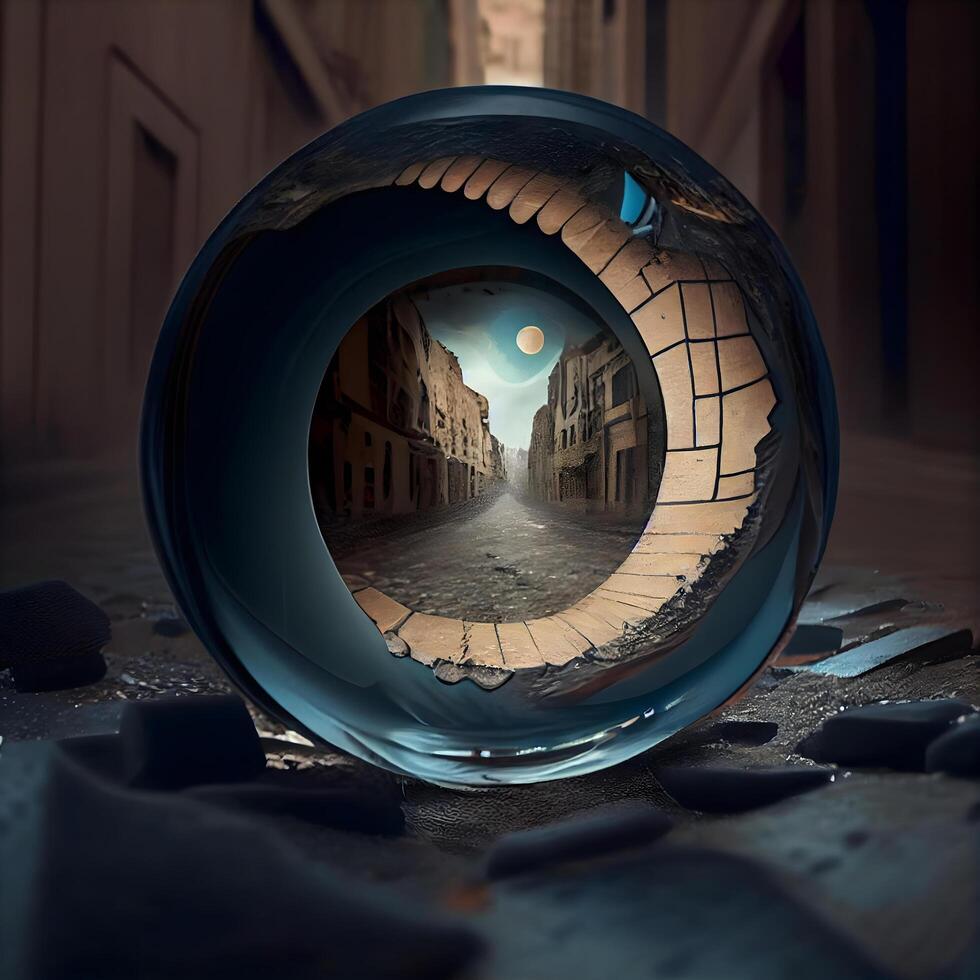 3d representación de un cristal pelota en un antiguo ciudad calle., ai generativo imagen foto