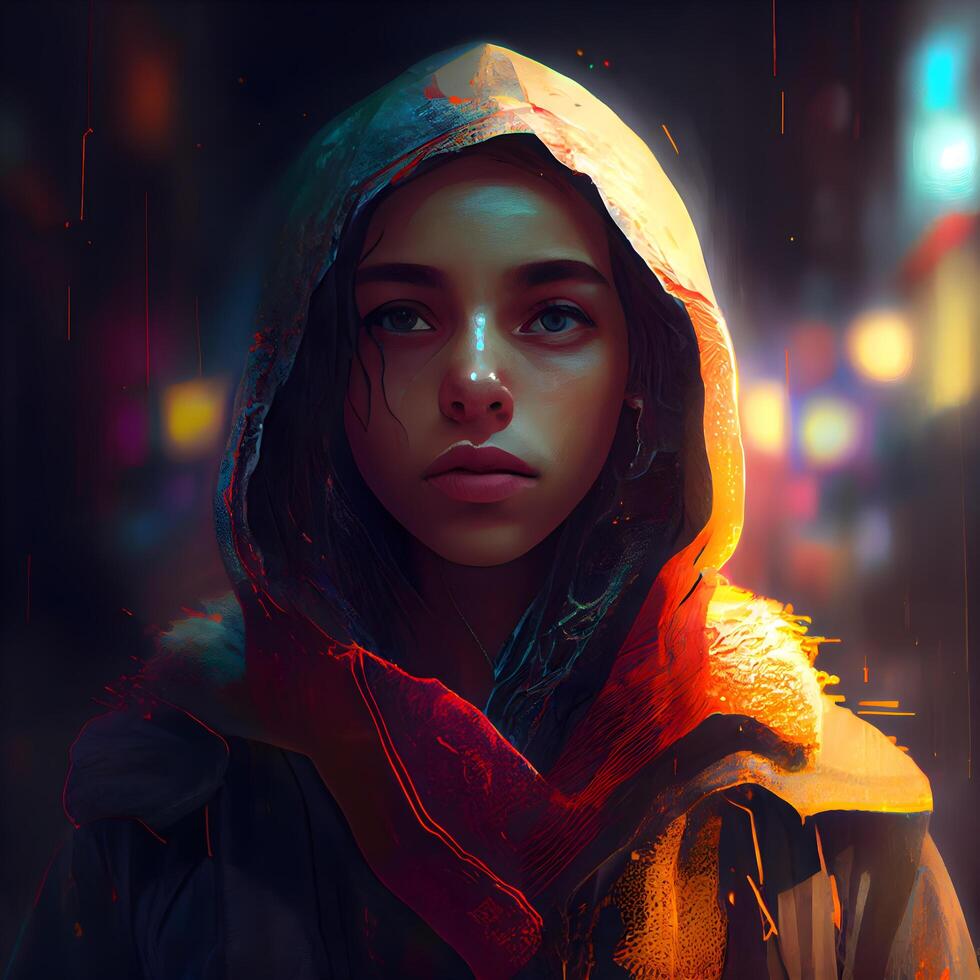 Fantasy portrait of a beautiful young woman in a raincoat., Image photo