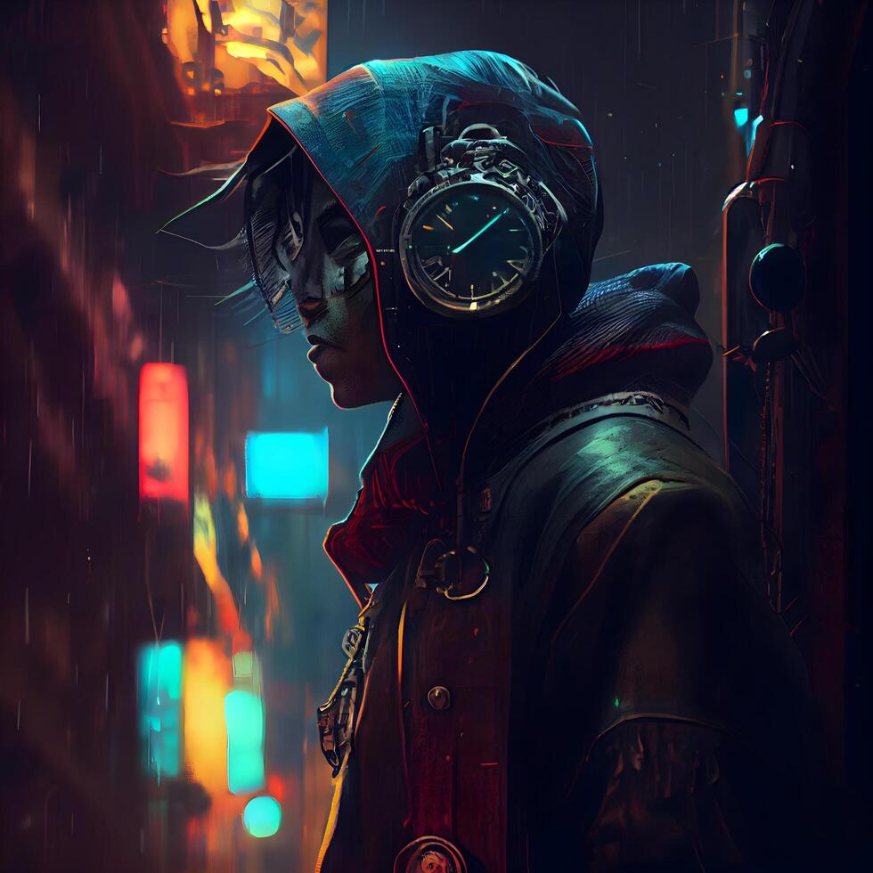 Portrait of a steampunk man in the night city. Fantasy., Image photo
