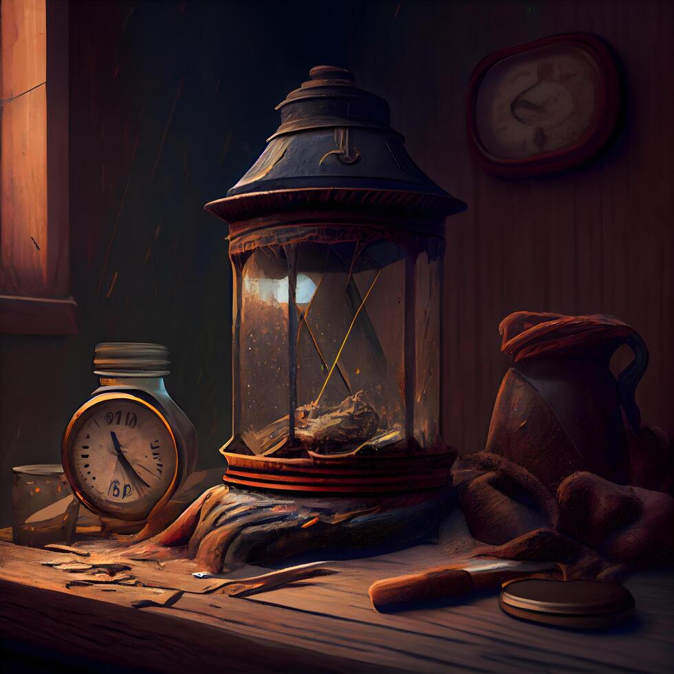 Still life with old lamp, alarm clock, hourglass and antique vase., Image photo