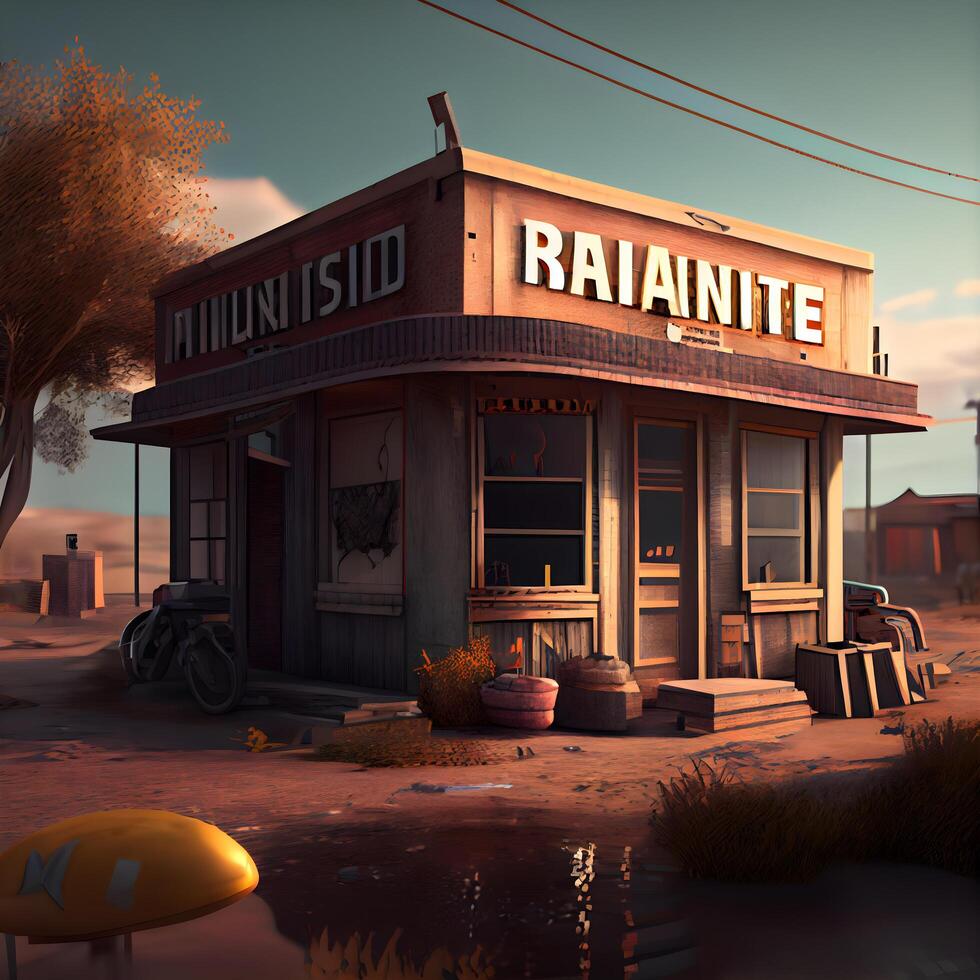 3D render of a ramen shop in a desert setting., Image photo