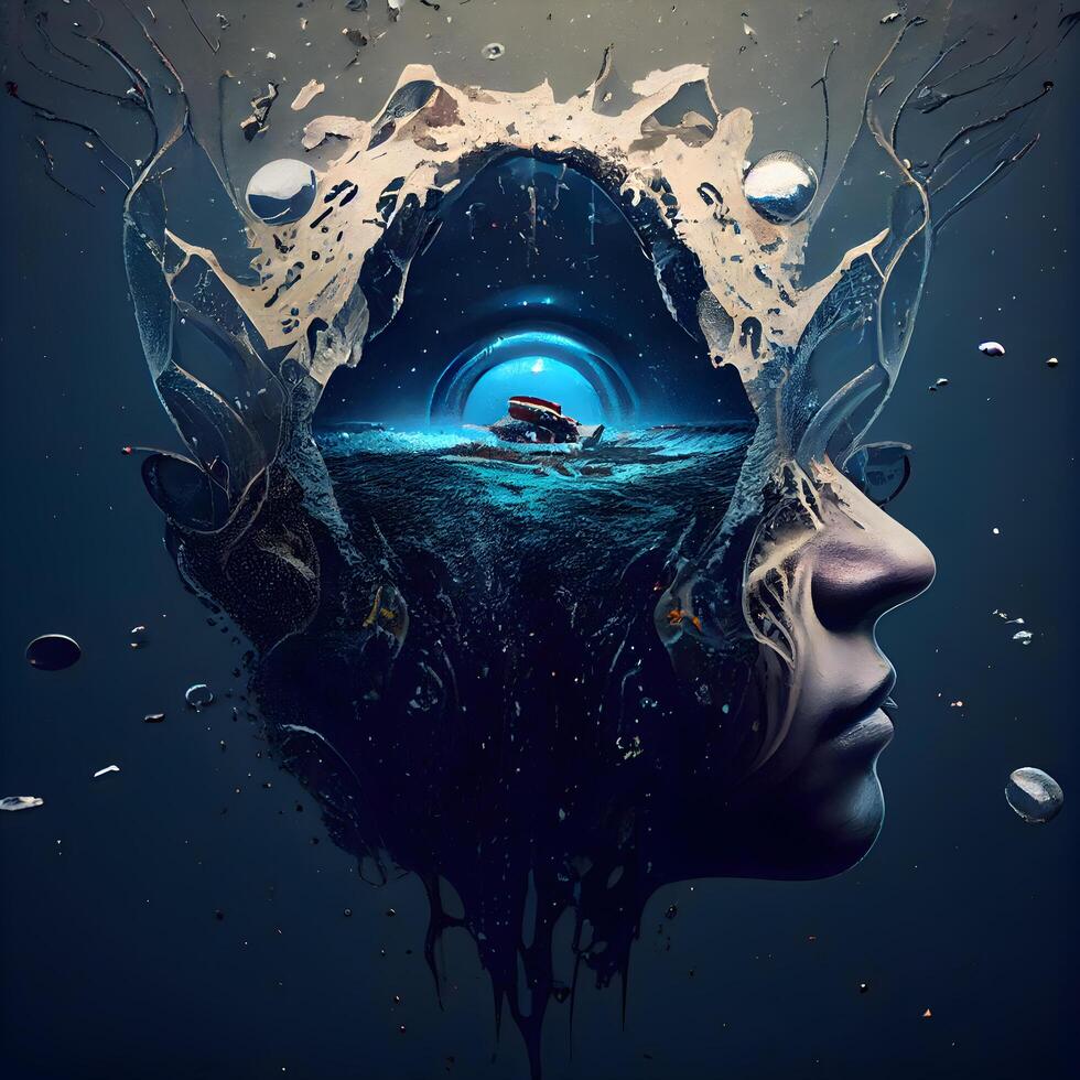 3d illustration of a human head in the water. The concept of artificial intelligence., Image photo