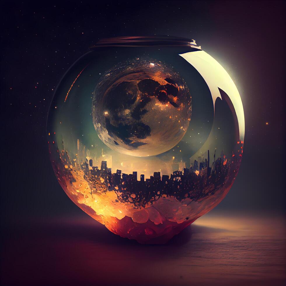 Fantasy landscape with a planet in a round glass vase., Image photo