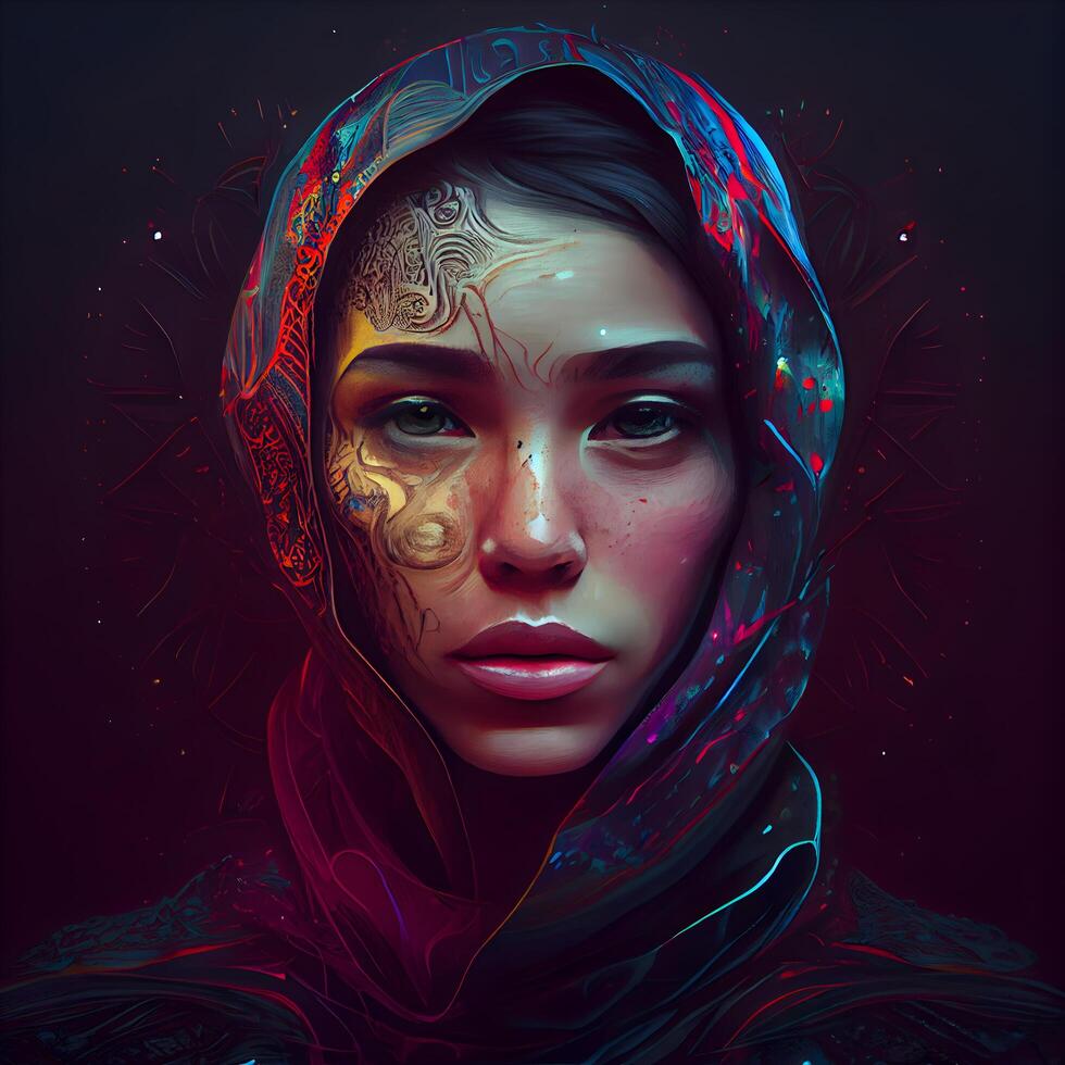 Portrait of a beautiful girl with multicolored make-up in a hood., Image photo