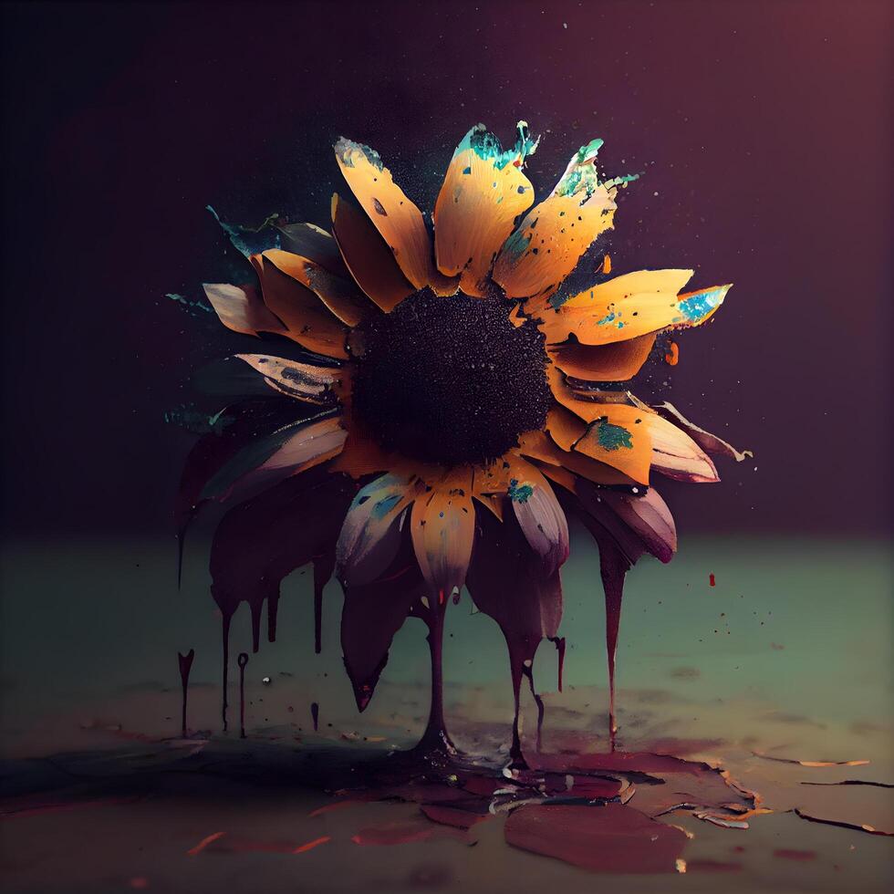 Colorful oil paint splashes on dark background with sunflower., Image photo