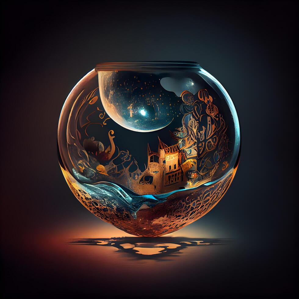 ilustración de un vacío vaso pecera con un fantasía paisaje., ai generativo imagen foto