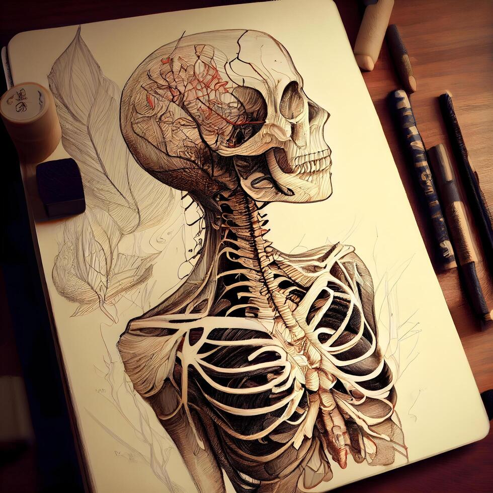 Sketch of human skeleton on the table with pencils., Image photo