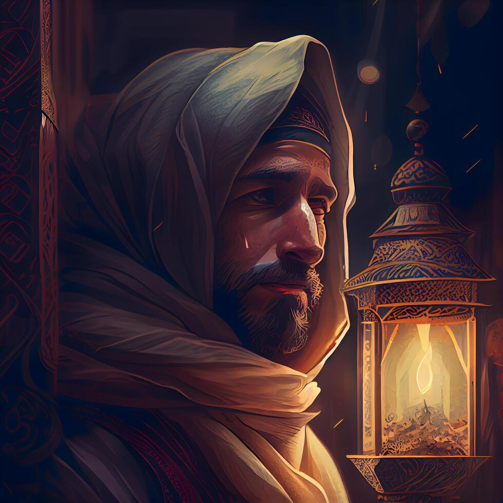 Handsome bearded man in a turban with a lantern., Image photo