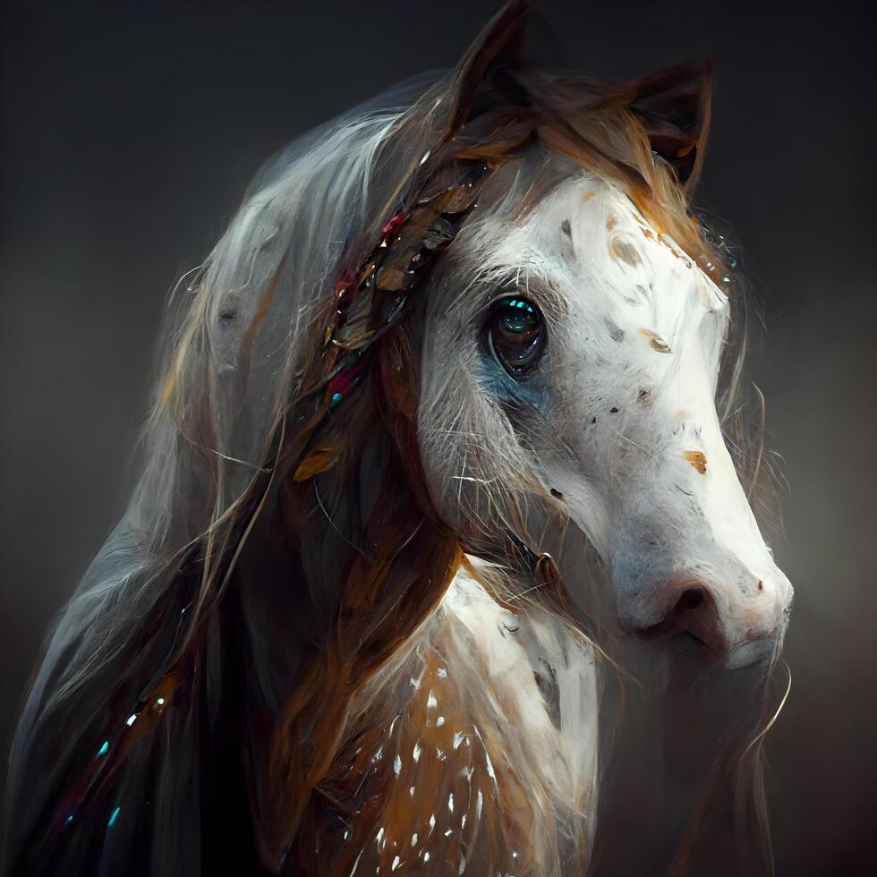 Fantasy portrait of a white horse in the studio on a dark background photo