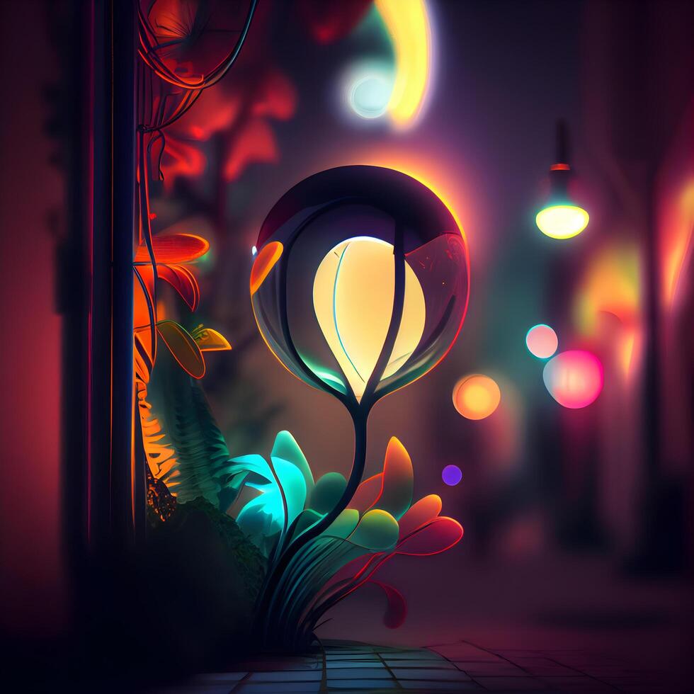 Fantasy night scene with lantern in the shape of a flower., Image photo