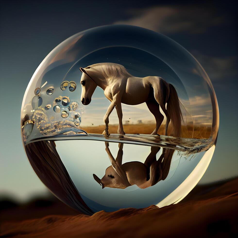Horse in a glass ball. 3D render. Conceptual image., Image photo