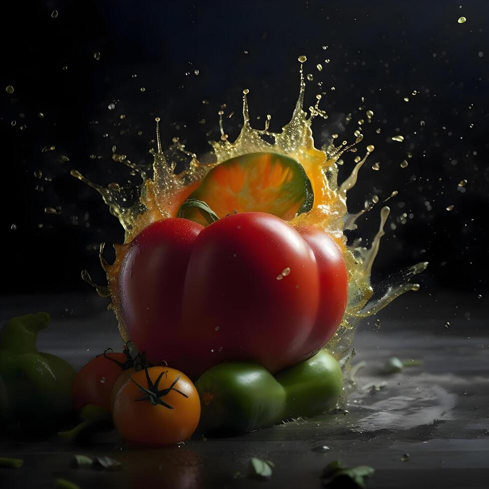 tomate con agua chapoteo en un negro antecedentes. estudio disparo., ai generativo imagen foto