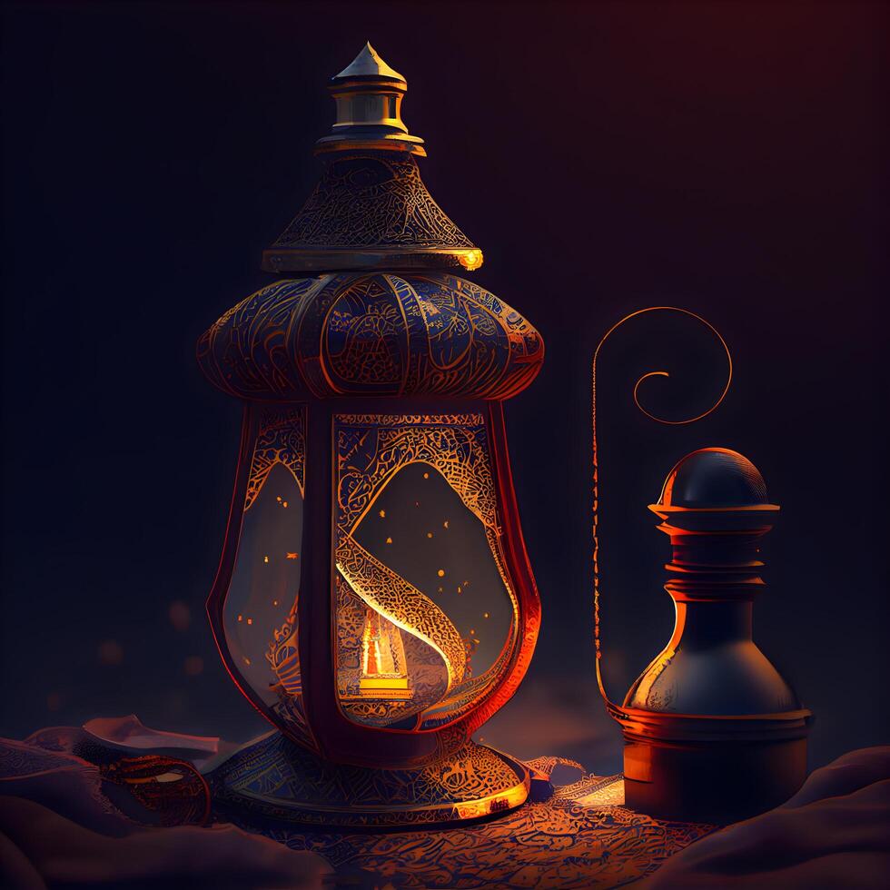 Lantern with burning candle. Ramadan Kareem greeting card., Image photo